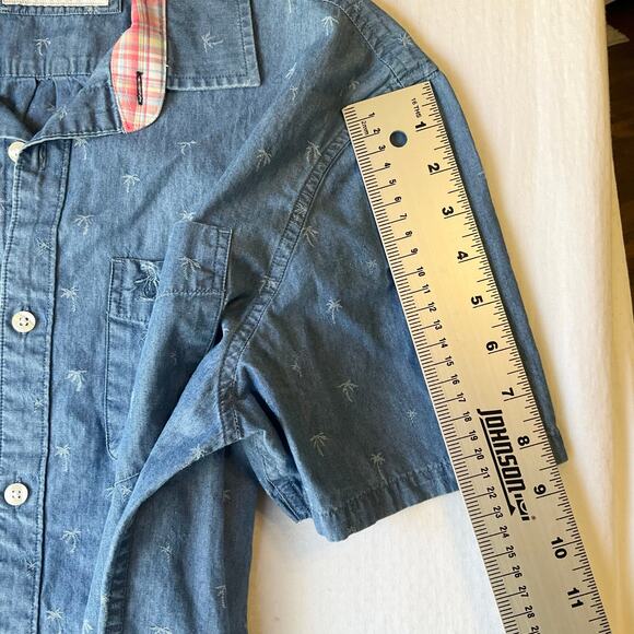 Penguin Men Button Down Shirt Size S Shortsleeve Coconut Print Denim Classic Fit - Picture 5 of 8